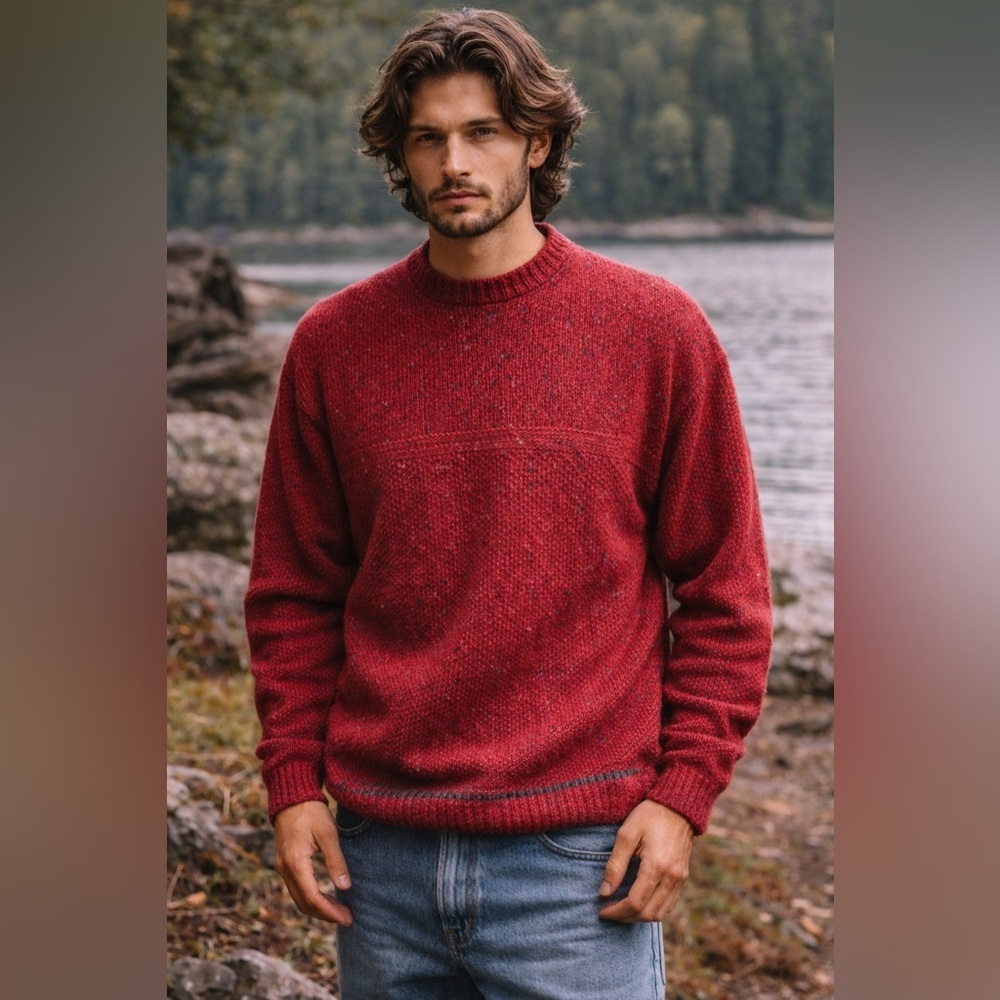 Vintage 90s ALPS Mens Sweater Sz Large Burgundy Tweed Wool Grunge Cabincore